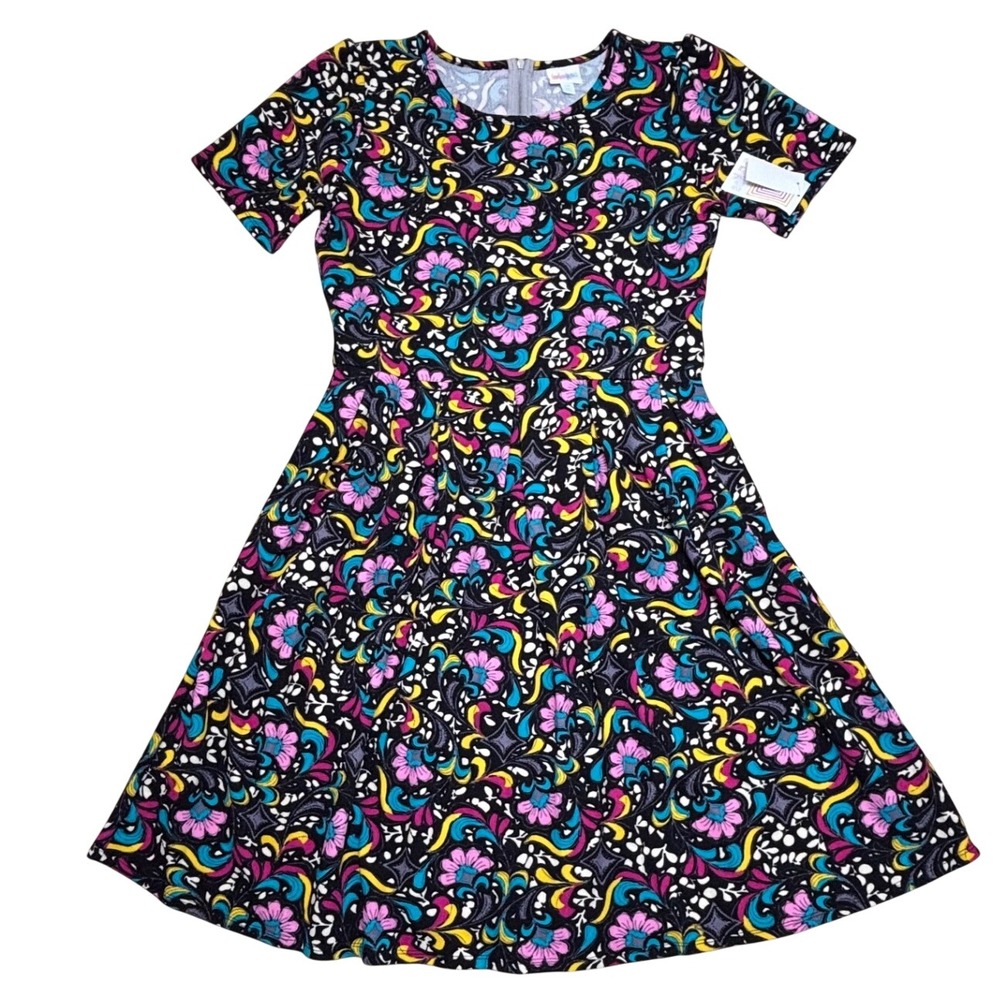 LuLaRoe Amelia Womens Fit & Flare Dress Size 2XL Black Pink Floral Paisley‎ NWT